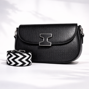 Elegant Textured Black Shoulder Bag with Statement Metal Clasp