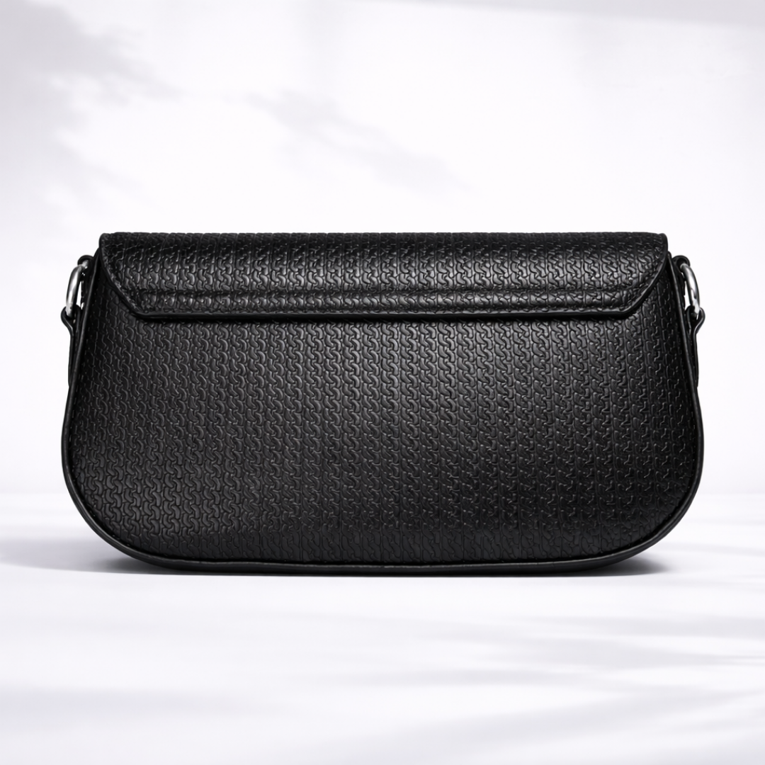 Elegant Textured Black Shoulder Bag with Statement Metal Clasp