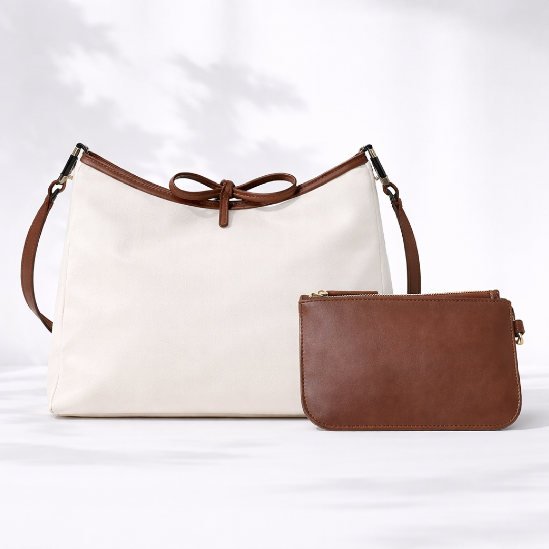 Elegant Cream & Brown Shoulder Bag Set with Matching Pouch