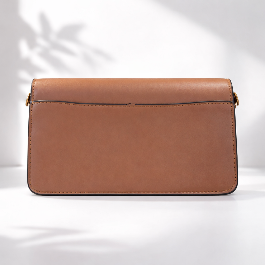 Tan Signature Print Flap Crossbody Bag with Gold Accent Lock