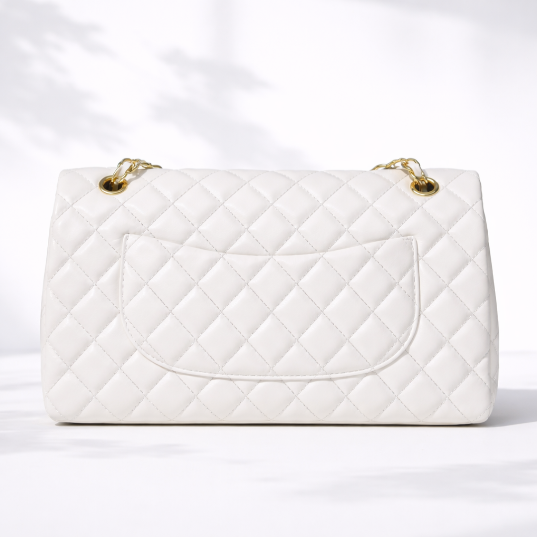 Classic White Quilted Shoulder Bag with Gold Accent Lock