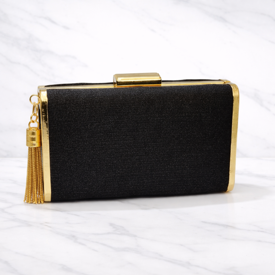 Elegant Black & Gold Tassel Box Clutch – Luxury Evening Bag