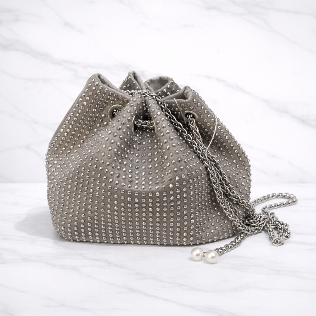 Luxury Silver Crystal Bucket Bag with Chain Strap