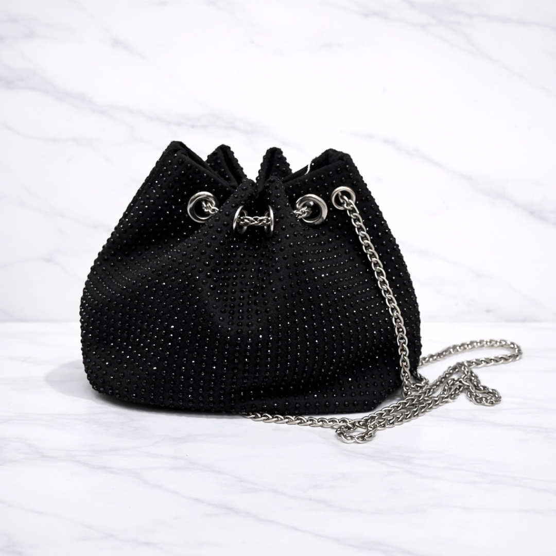 Luxury Silver Crystal Bucket Bag with Chain Strap
