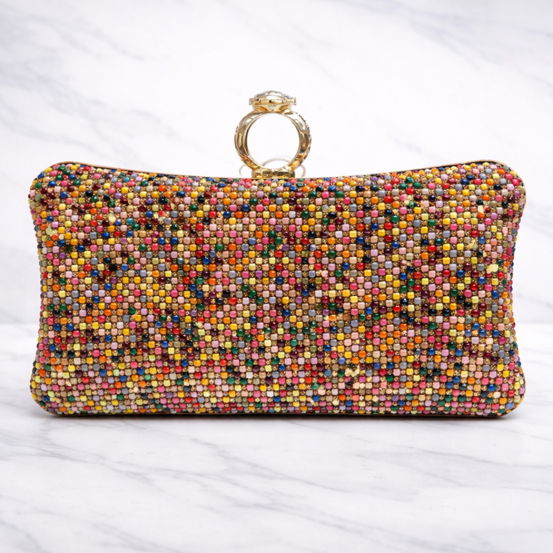 Multicolor Crystal Embellished Evening Clutch with Gold Ring Handle