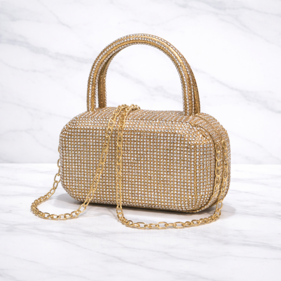 Luxury Gold Crystal Embellished Clutch Bag with Chain Strap
