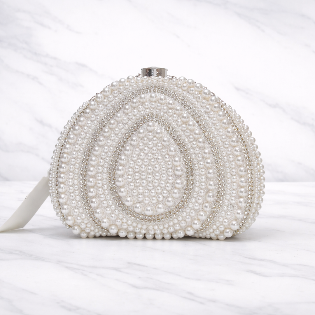 Elegant Pearl Embellished Oval Clutch – Bridal & Evening Bag