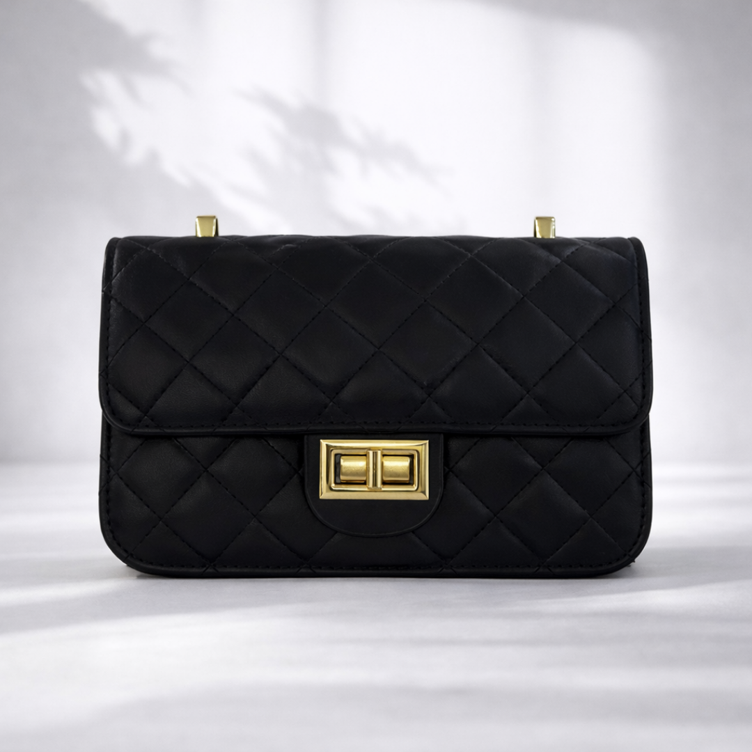 Classic Black Quilted Gold Lock Shoulder Bag