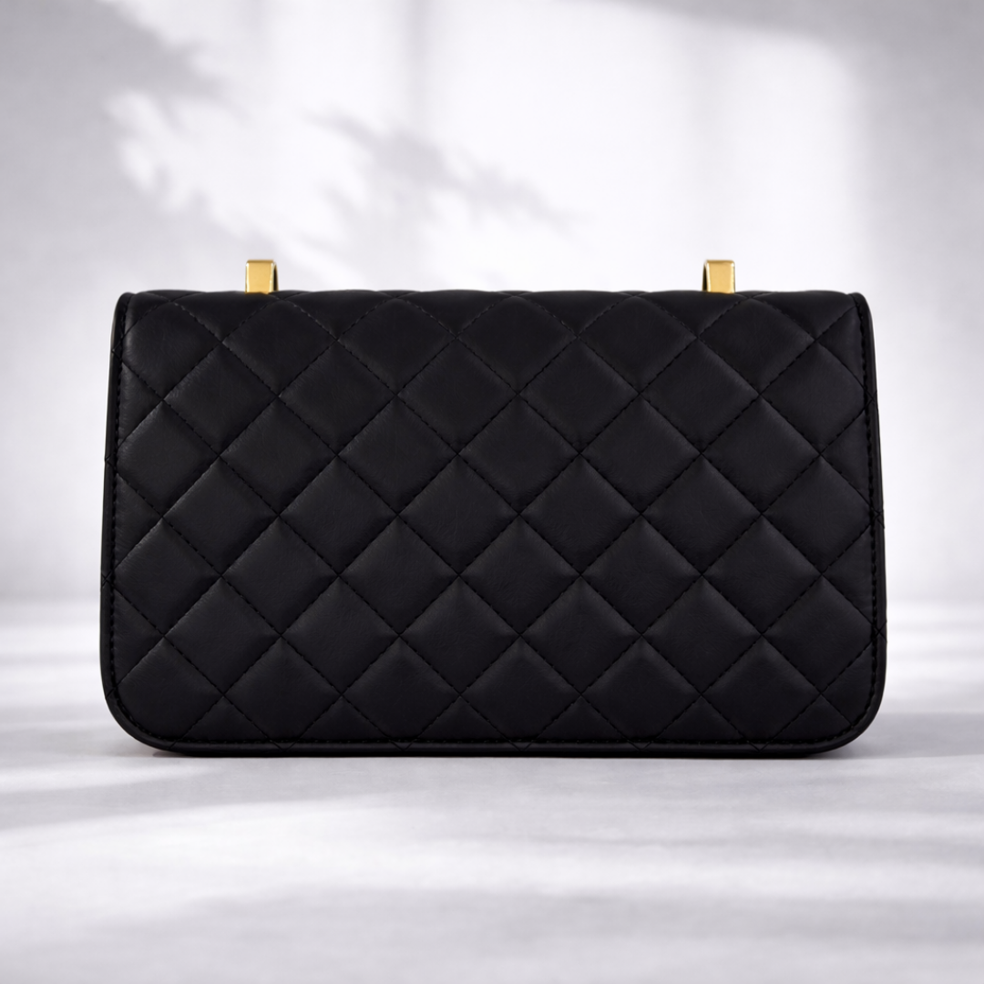 Classic Black Quilted Gold Lock Shoulder Bag