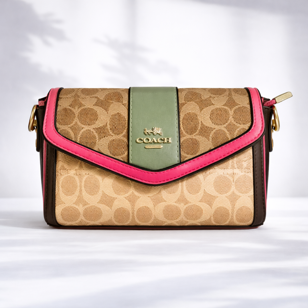 Signature Beige Pattern Contrast Flap Shoulder Bag