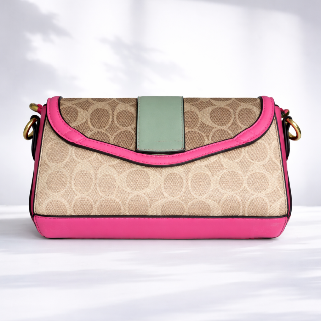 Signature Beige Pattern Contrast Flap Shoulder Bag