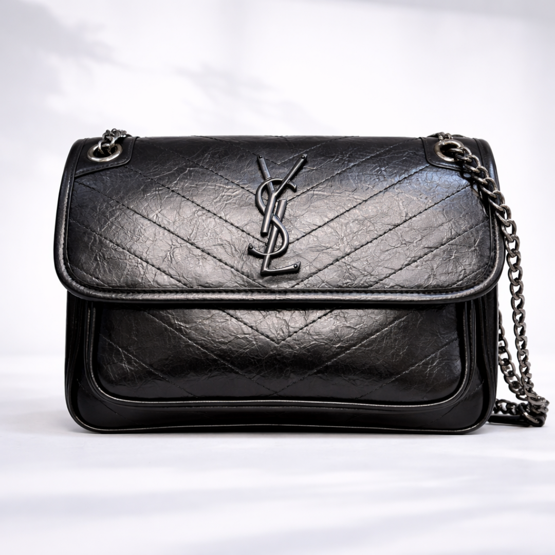 Glossy Quilted Black Luxury Chain Shoulder Bag