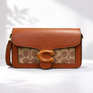 Tan Signature Print Flap Crossbody Bag with Gold Accent Lock