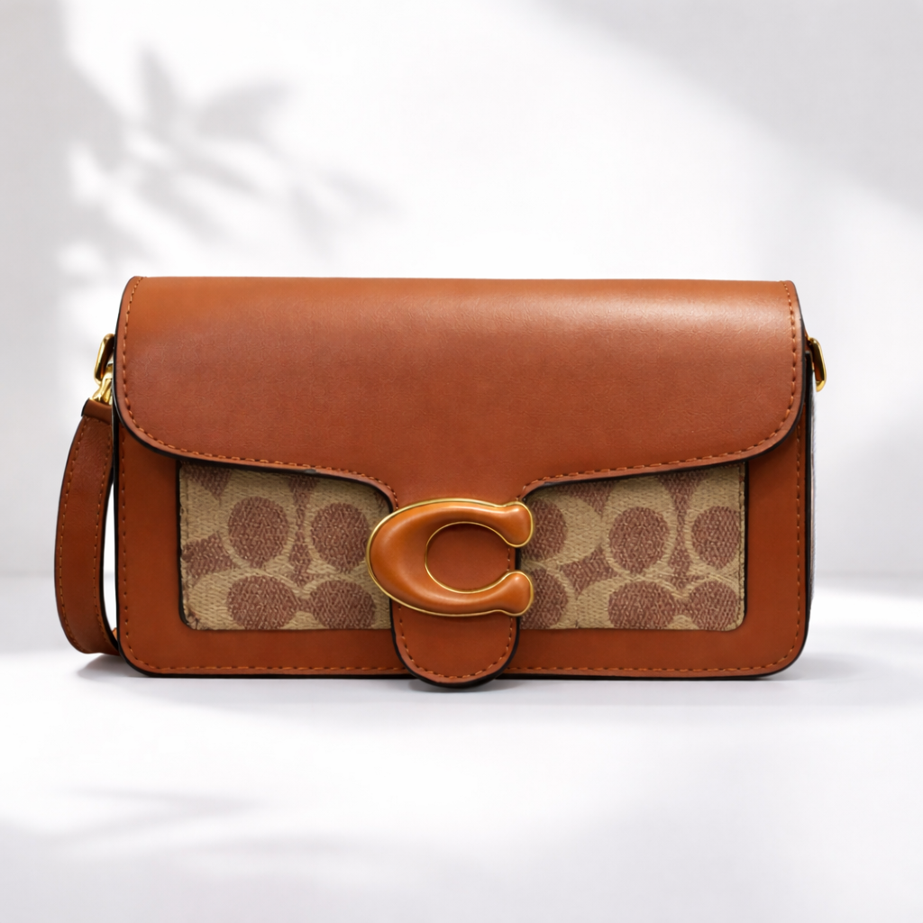 Tan Signature Print Flap Crossbody Bag with Gold Accent Lock