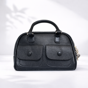 Classic Black Textured Leather Multi-Pocket Handbag