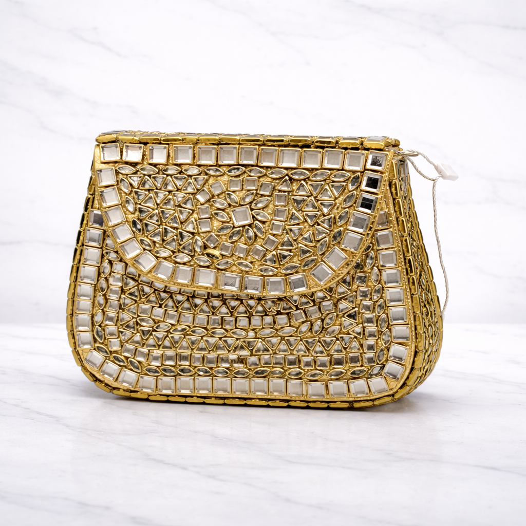Royal Gold Mirror Kundan Clutch