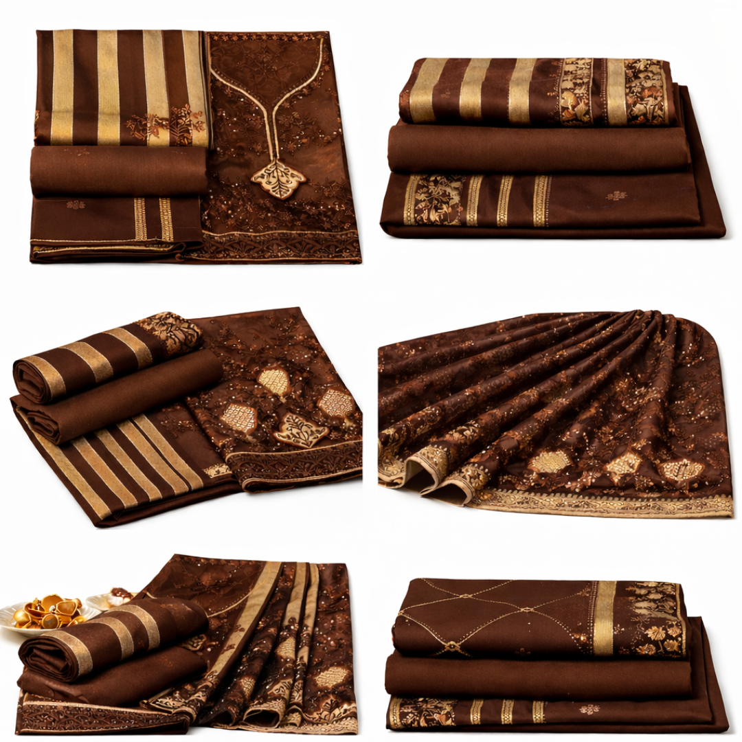 Premium Chocolate Brown Embroidered Unstitched Suit
