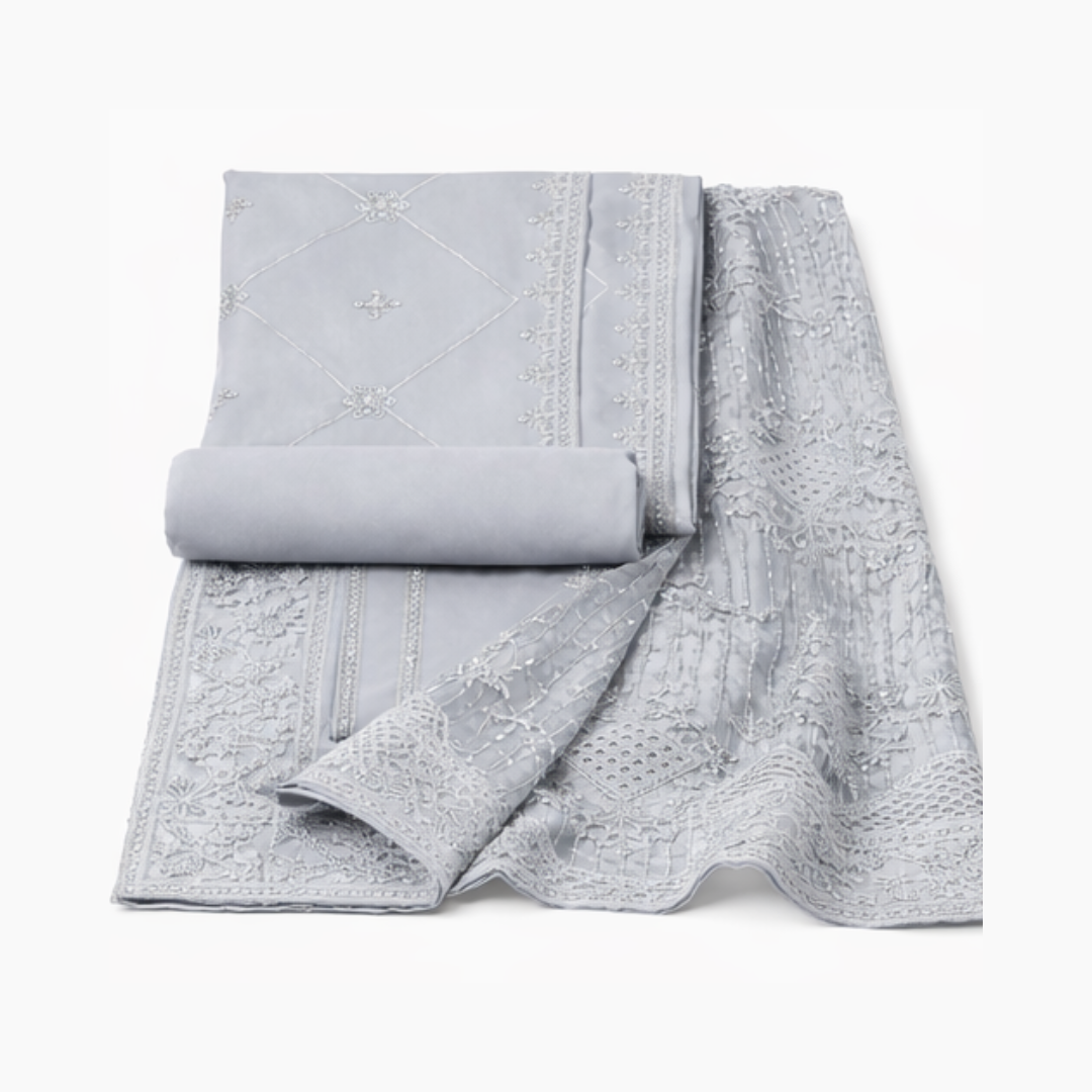 Premium Light Steel Gray Embroidered Chiffon Unstitched Suit