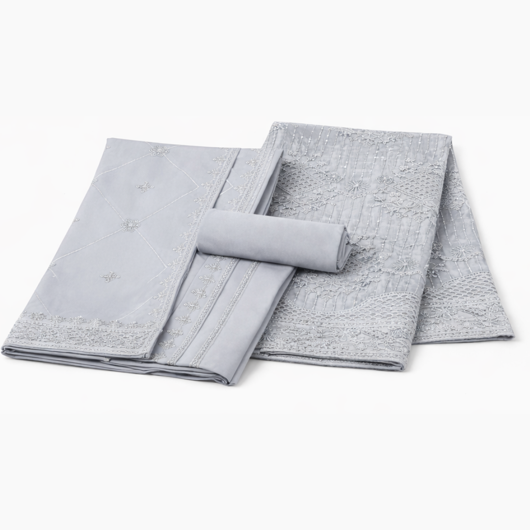 Premium Light Steel Gray Embroidered Chiffon Unstitched Suit