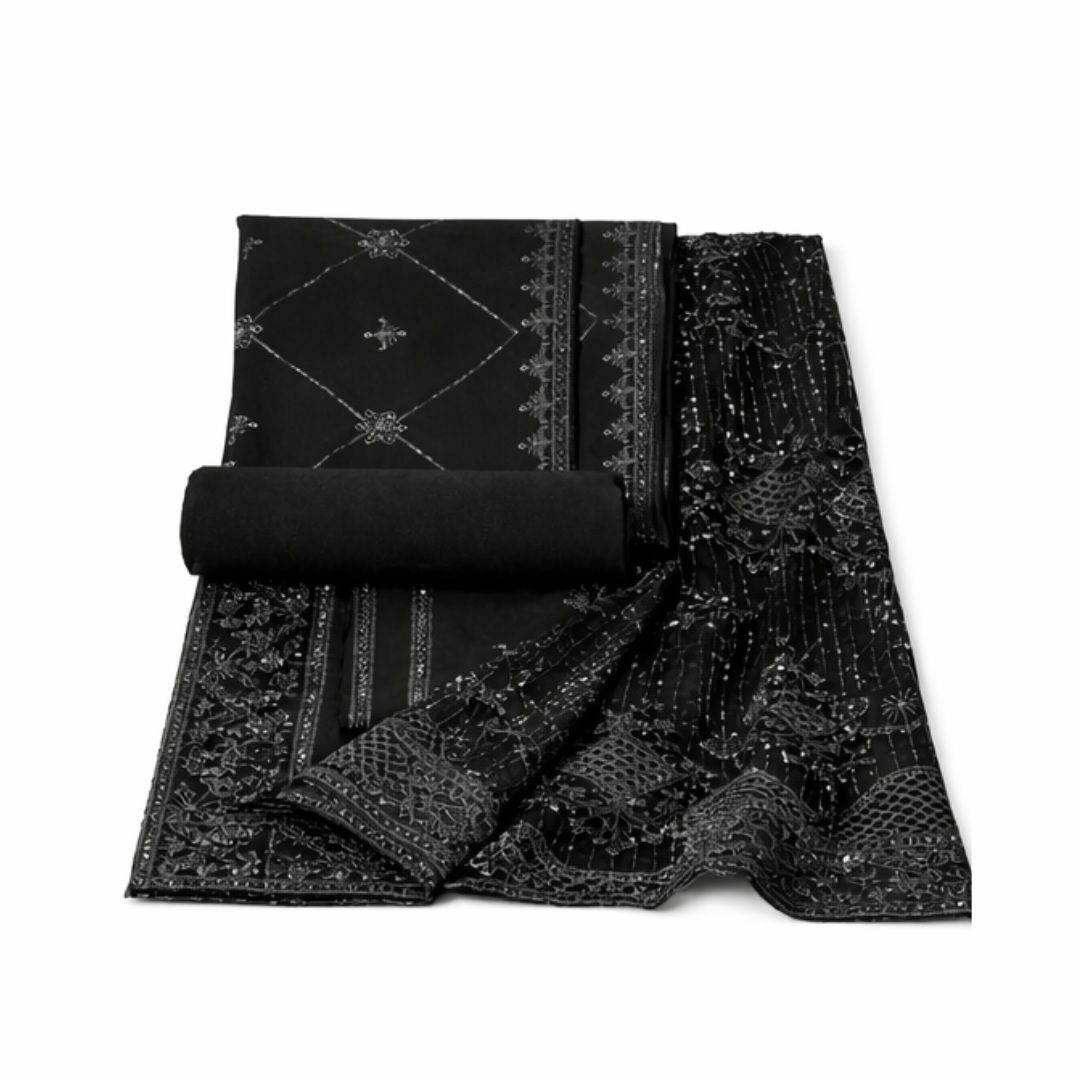 Premium Black Embroidered Chiffon Unstitched Suit