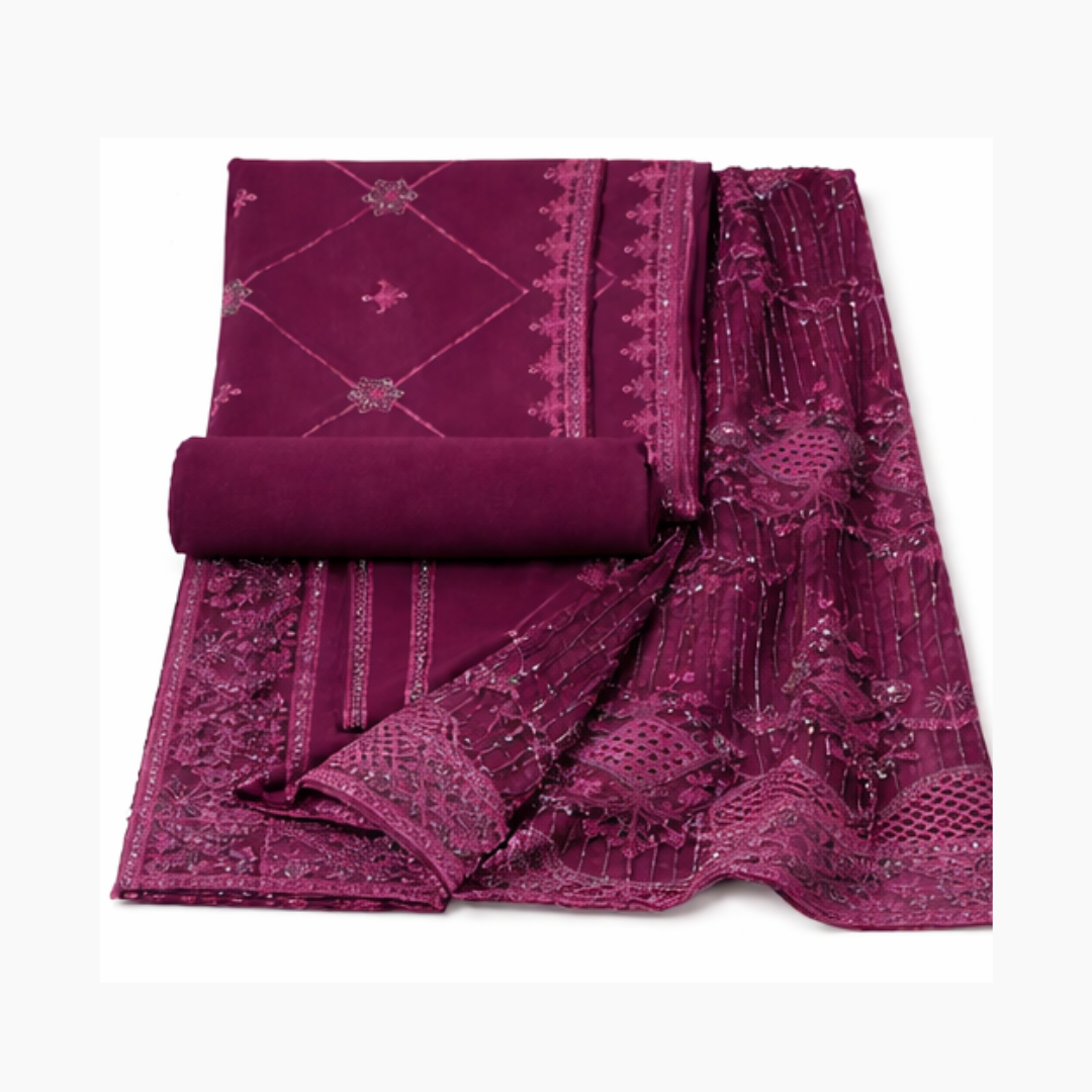 Premium Purple Embroidered Chiffon Unstitched Suit