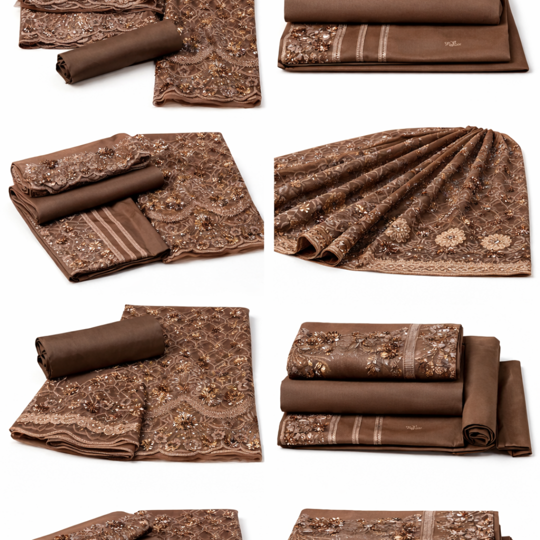 Luxury Light Chocolate Brown Embroidered 3-Piece Unstitched Suit