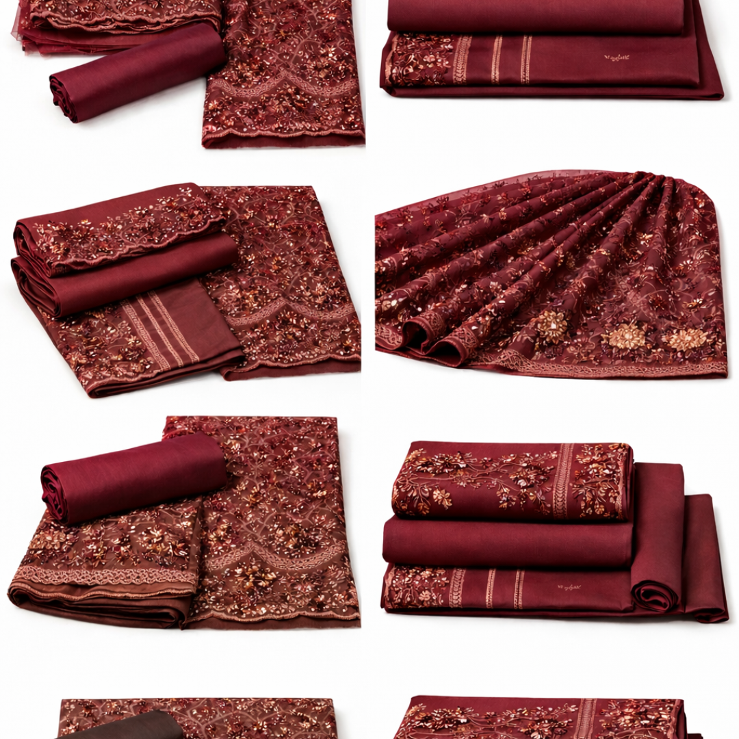 Luxury Burgundy Embroidered 3-Piece Unstitched Suit