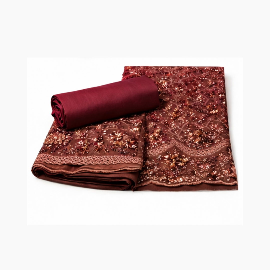 Luxury Burgundy Embroidered 3-Piece Unstitched Suit
