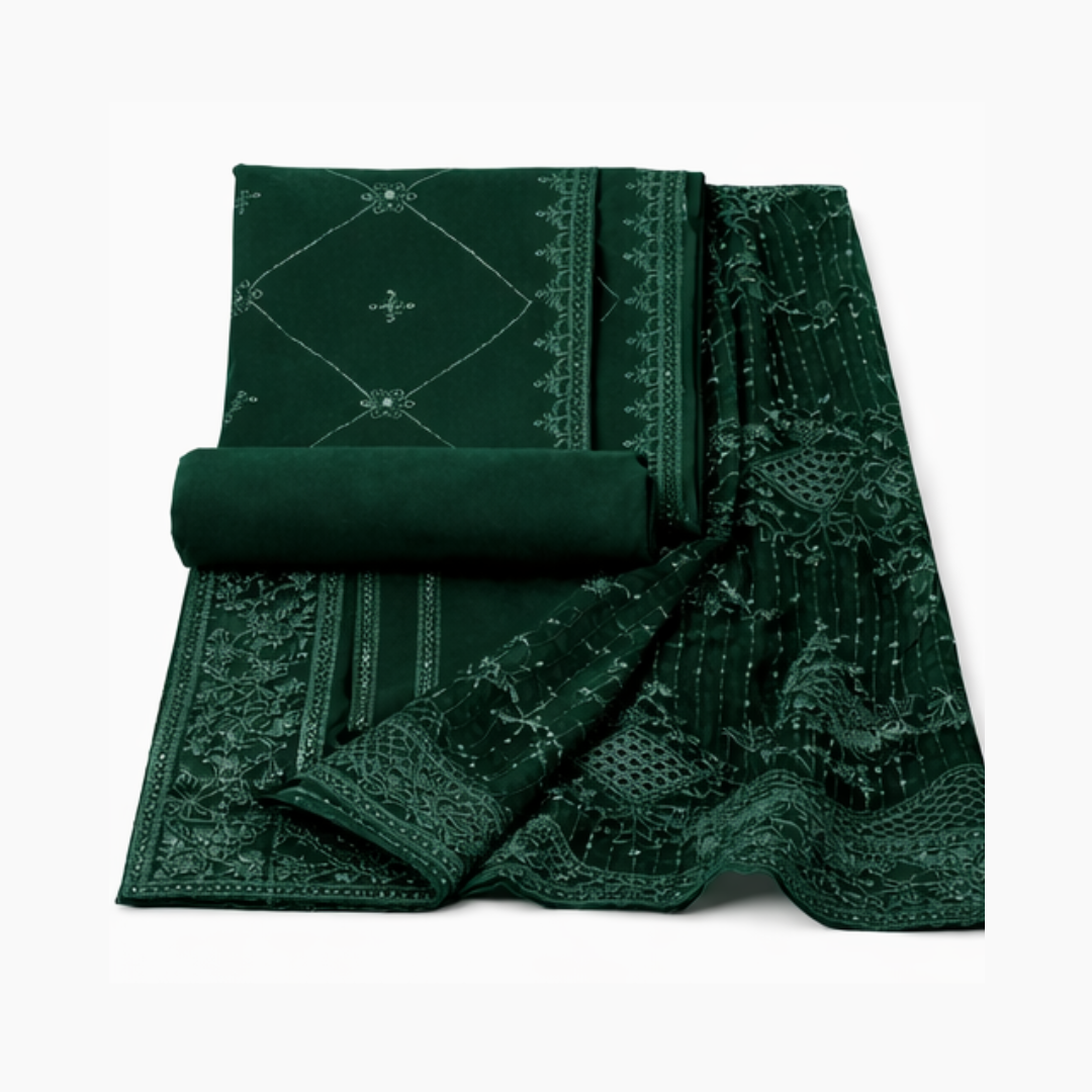 Premium Emerald Green Embroidered Chiffon Unstitched Suit