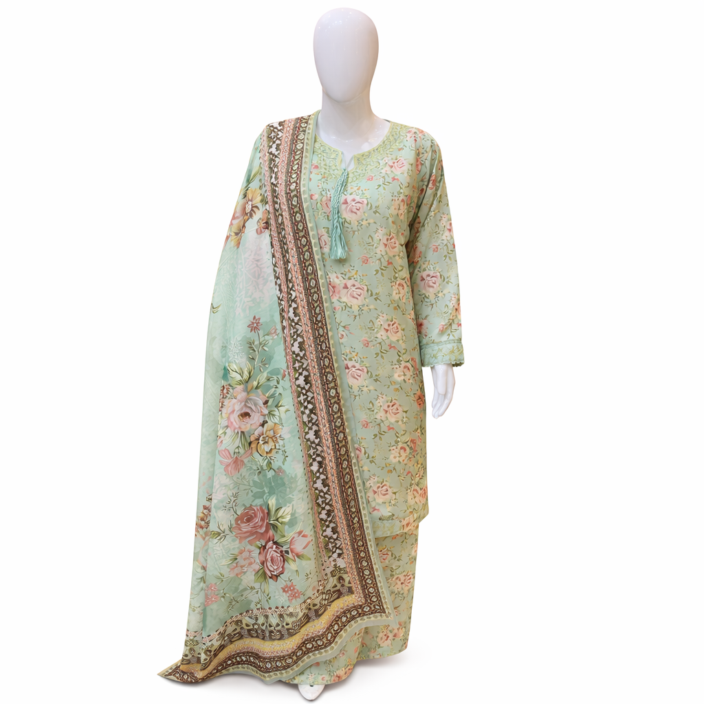 Elegant Floral Printed 3 Piece Suit – Mint Green