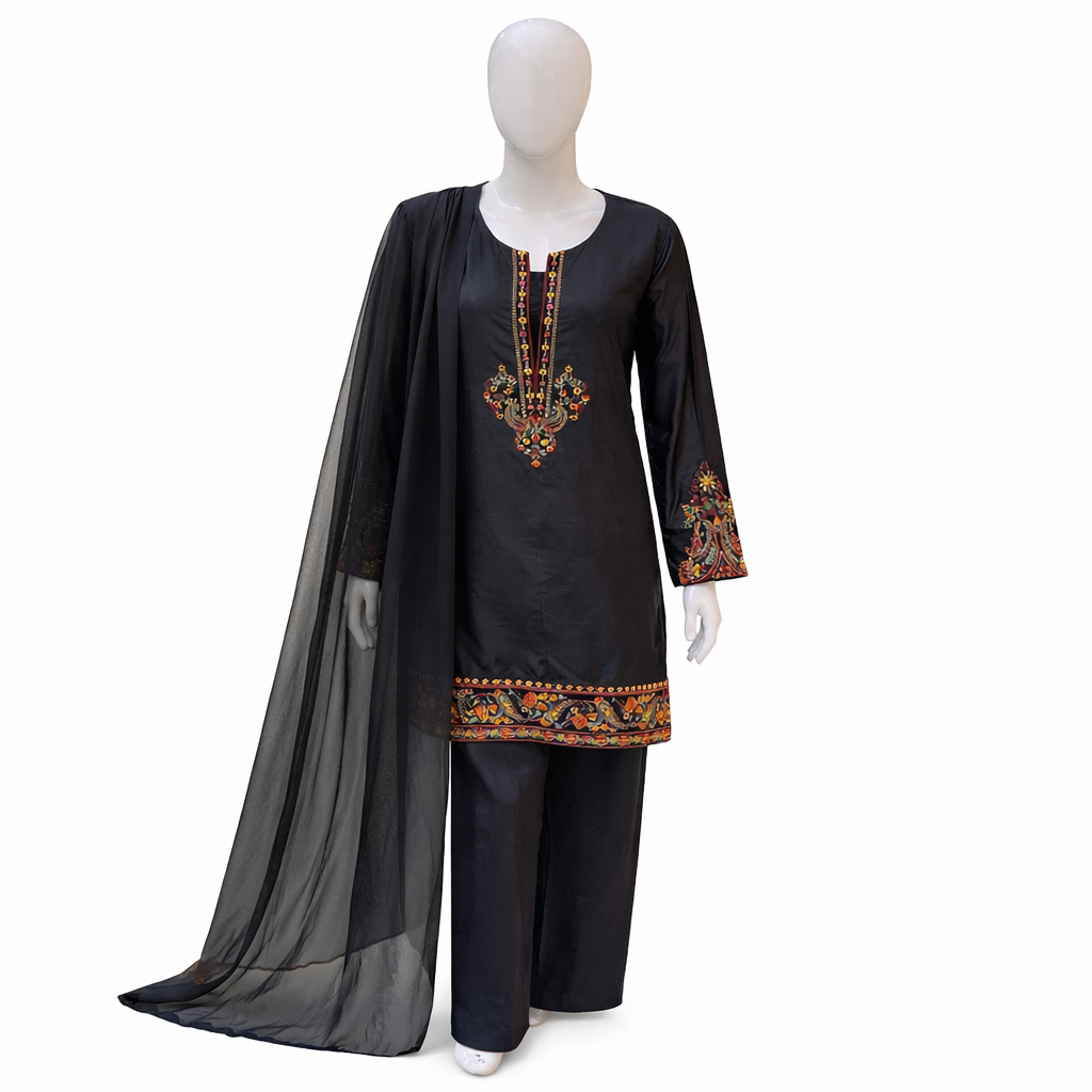 Elegant Black Embroidered 3 Piece Suit