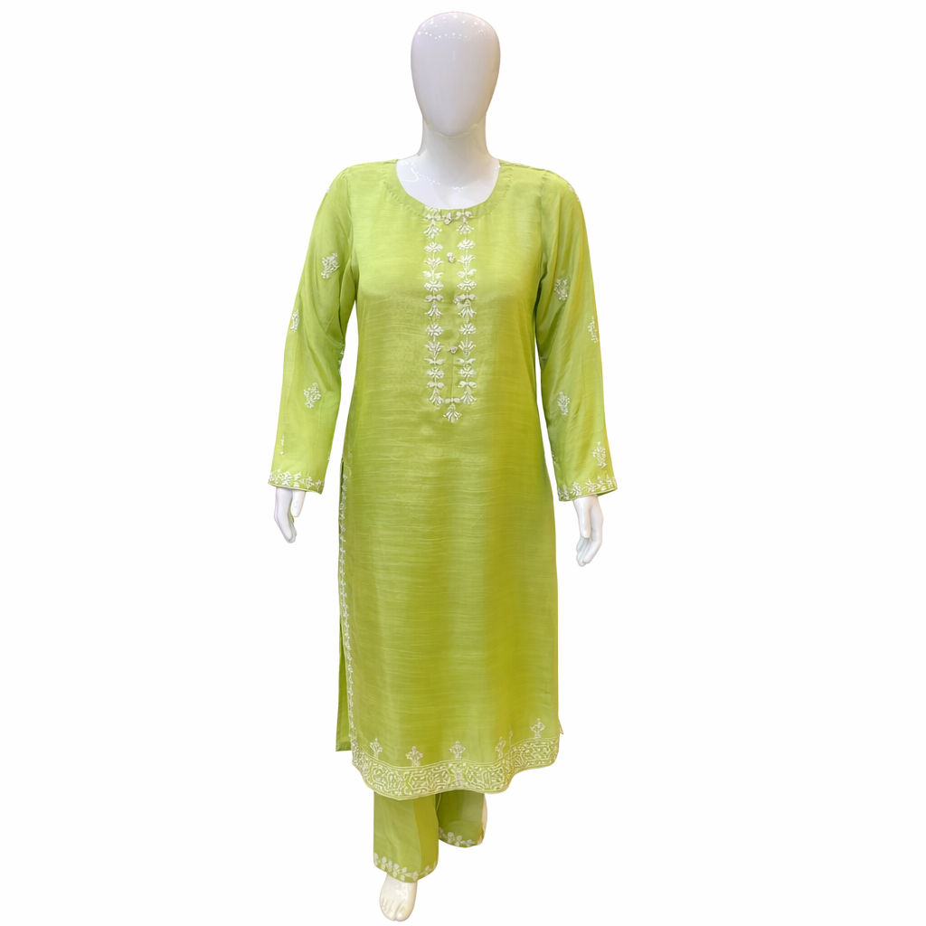 Elegant Embroidered 3 Piece Suit – Lime Green